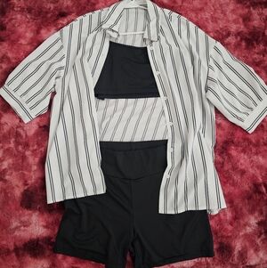 3 pc Striped Black and White Crop Top And Short Set